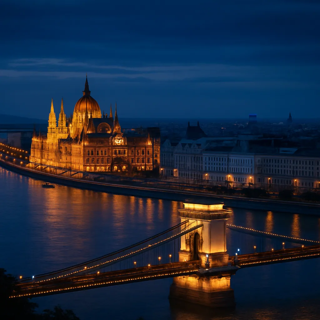 Beleuchtetes ungarisches Parlamentsgebäude an der Donau in Budapest zur blauen Stunde, Ungarn