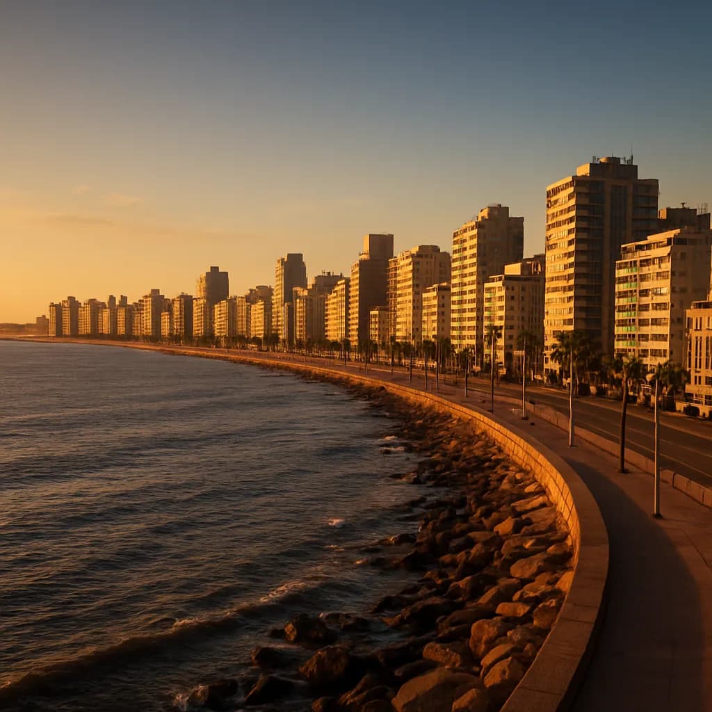 Skyline von Montevideo entlang der Rambla-Promenade am Río de la Plata bei Sonnenuntergang, Uruguay