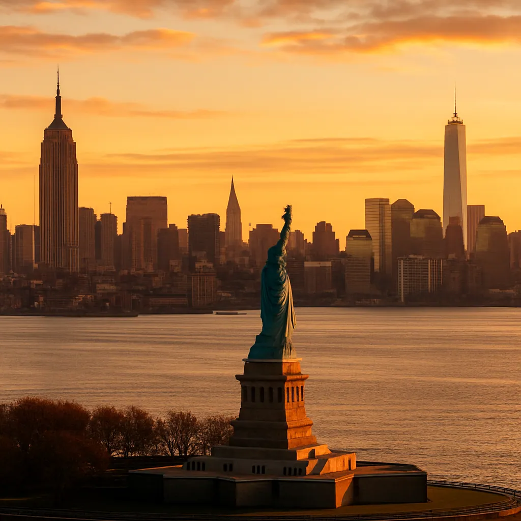 Skyline von Manhattan, New York City, mit Freiheitsstatue im Hafen, USA