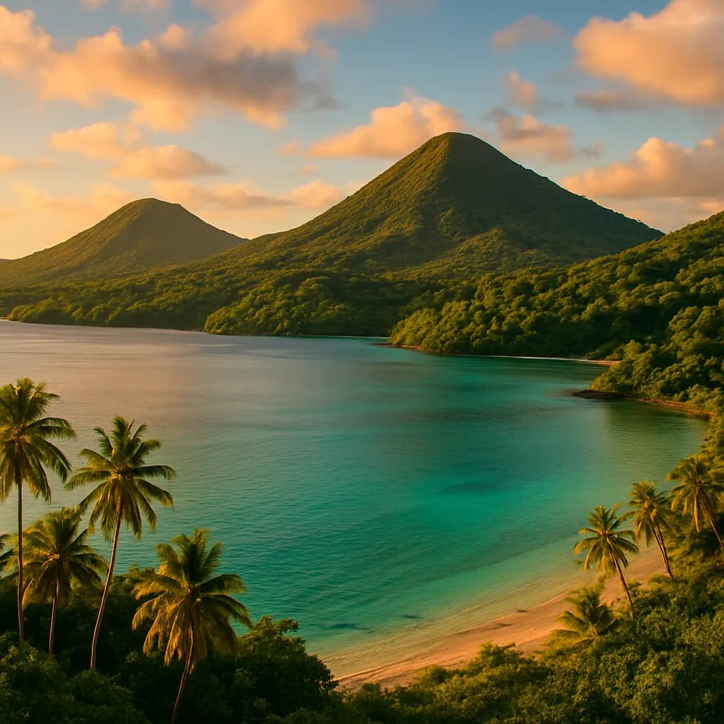 Tropische Insel mit türkiser Lagune und grünen Vulkanhügeln in Vanuatu, Südpazifik