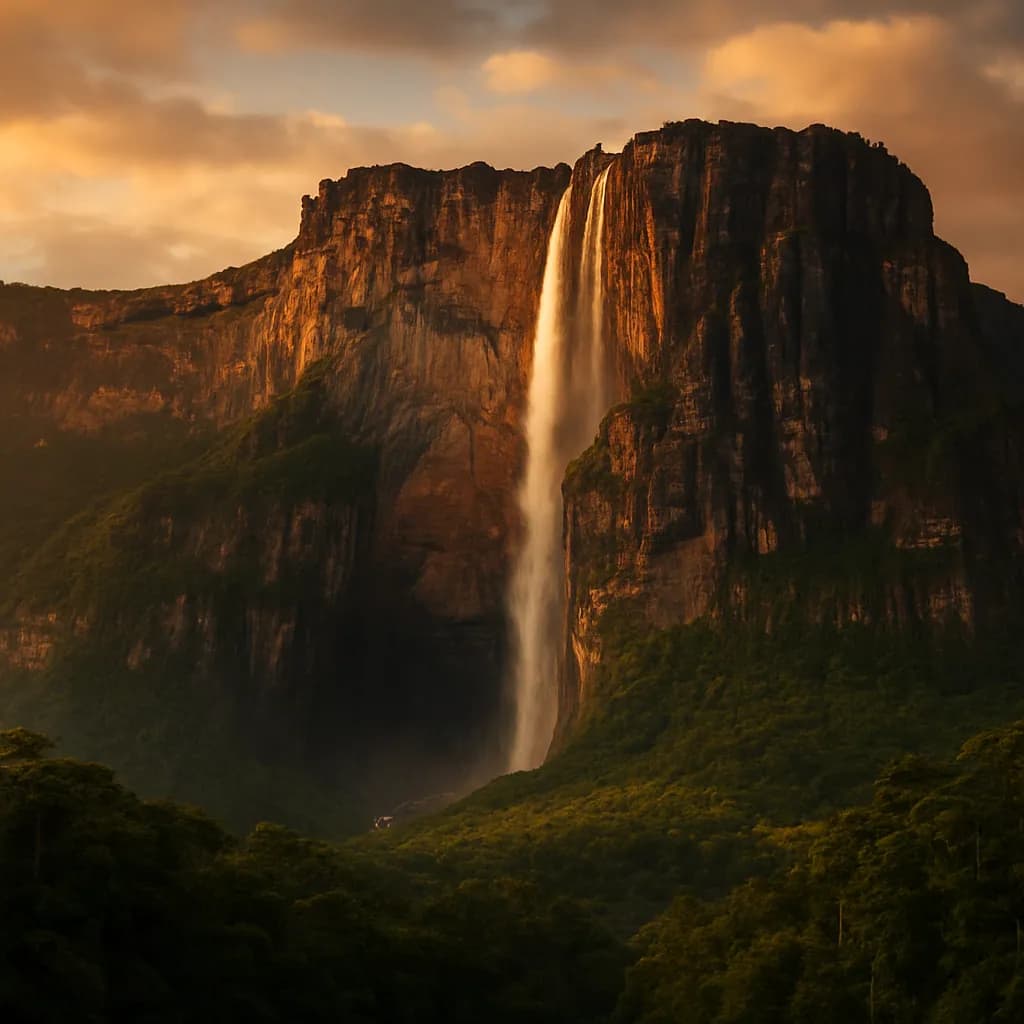Angel Falls (Salto Ángel) im Canaima-Nationalpark mit Tafelberg und Regenwald, Venezuela