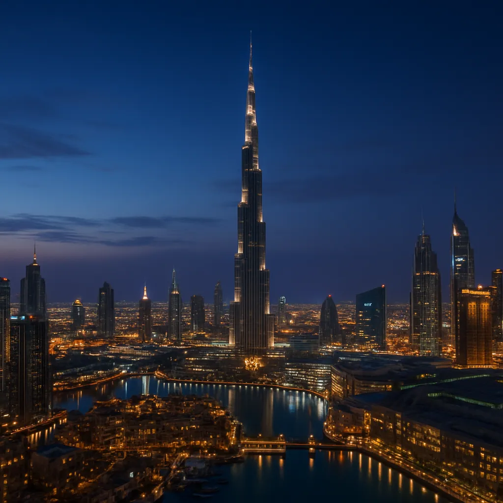 Skyline von Dubai mit dem Burj Khalifa und modernen Wolkenkratzern zur blauen Stunde, VAE