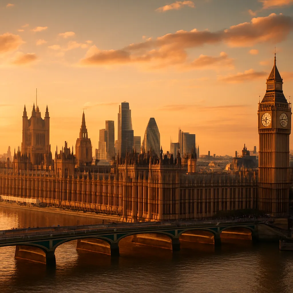 Skyline von London mit Houses of Parliament und Big Ben an der Themse bei goldenem Licht, UK