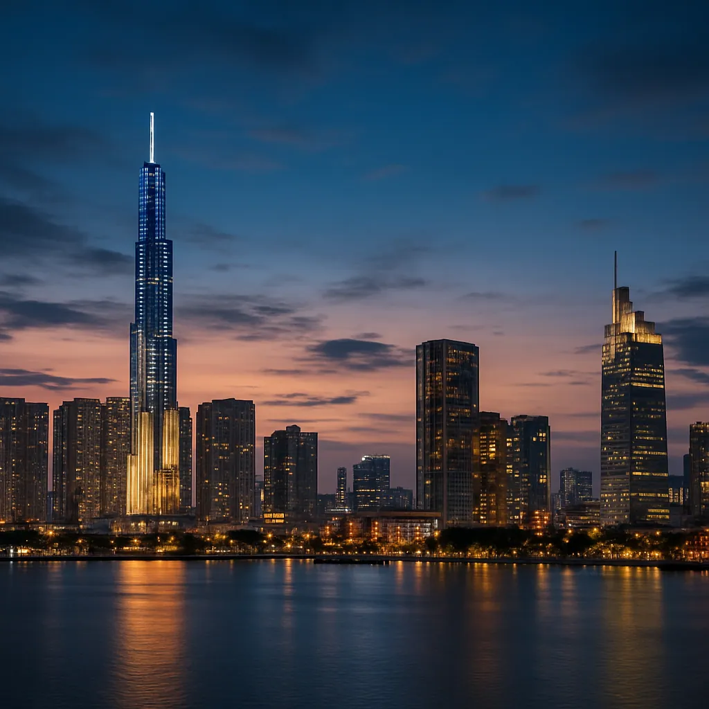 Skyline von Ho-Chi-Minh-Stadt mit dem Landmark 81 am Saigon-Fluss zur blauen Stunde, Vietnam