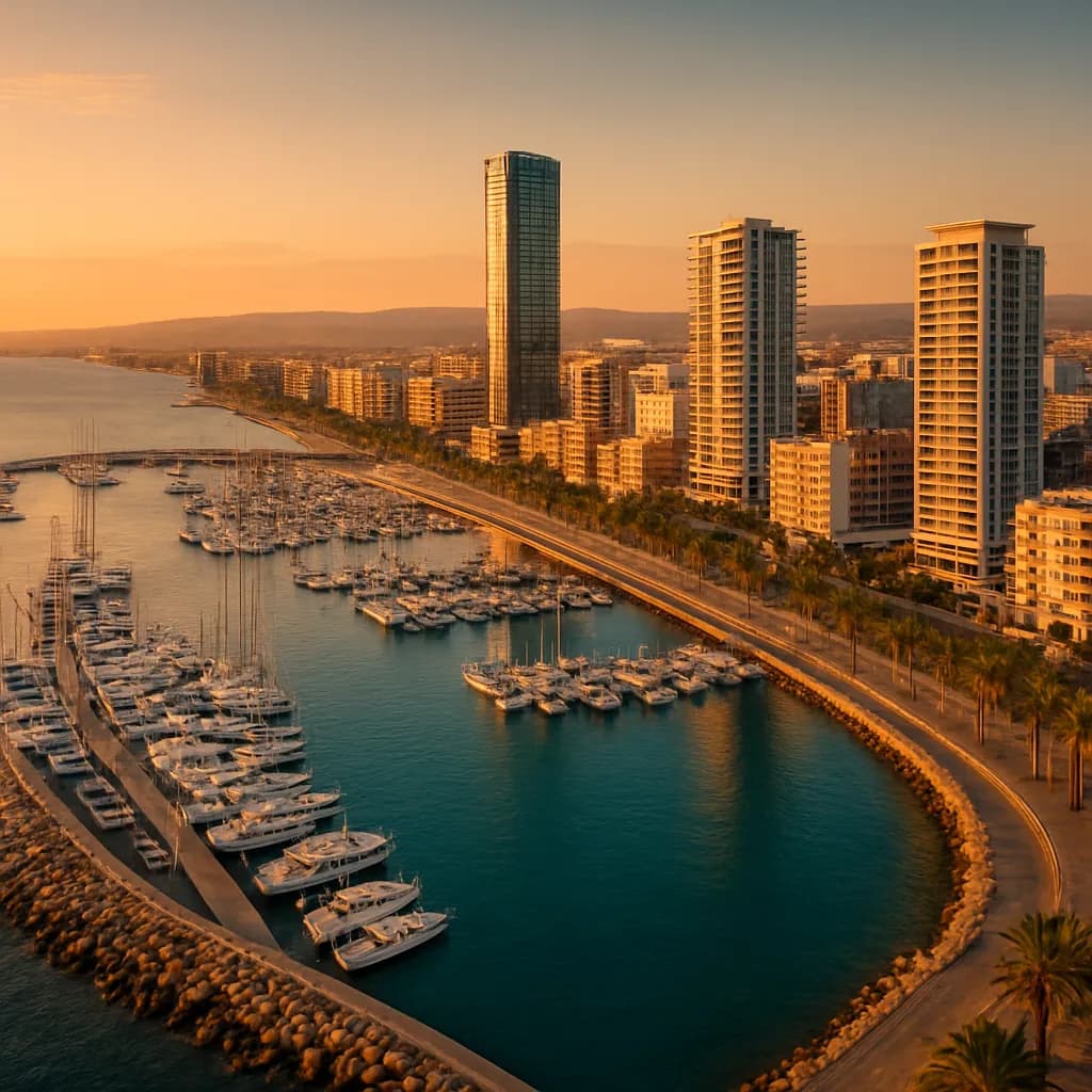 Küste und Marina von Limassol mit Hochhäusern am Mittelmeer, Zypern