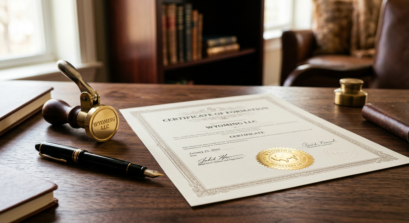 Gründungsurkunde einer US LLC mit Prägesiegel und Füllfederhalter auf einem Schreibtisch