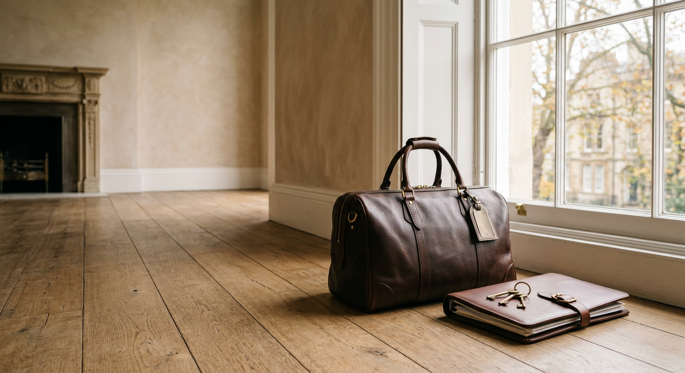 Gepackte Reisetasche und Dokumentenmappe mit Schlüsselbund in einer hellen Wohnung